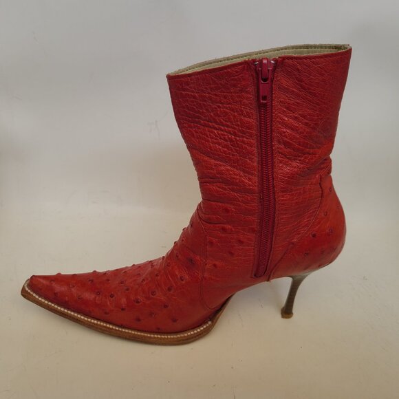 Vtg Goss Red Leather Ostrich Boots 6 Stiletto Pointed Toe Western Witchy Cowboy - Picture 9 of 16